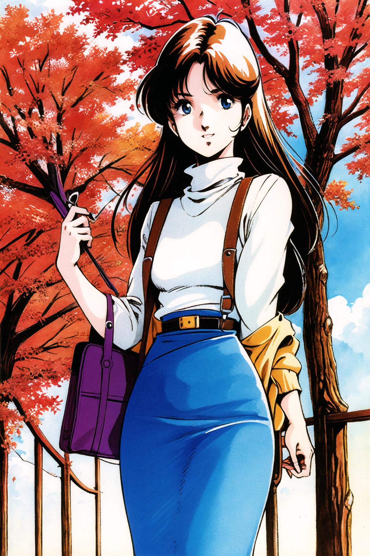 05200-3515080217-1girl, solo, skirt, brown hair, bag, jacket, handbag, blue eyes, tree, belt, retro artstyle, sky, cloud, long hair, traditional.png